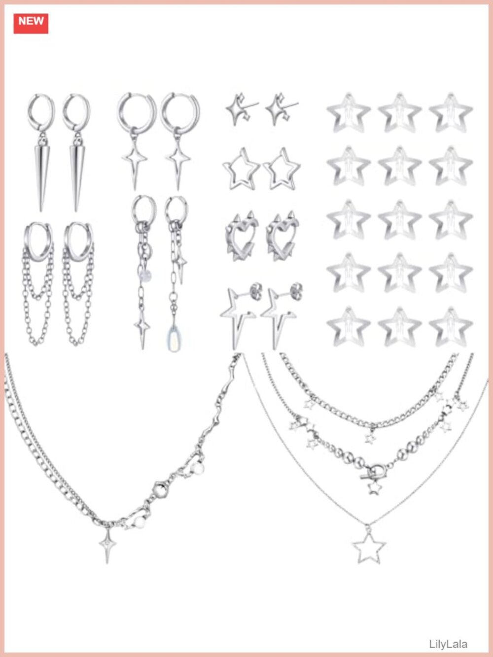 Y2K Goth Jewelry Set 25 Pieces Alloy Steel Hoops Necklaces Hair Clips